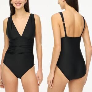 NEW J. Crew Ruched Plunge One-piece Swimsuit Women Black Large 10-12 Minimalist